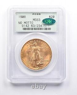 MS63 1908 $20 Saint-Gaudens Gold Double Eagle No Motto CAC PCGS OGH 6693
