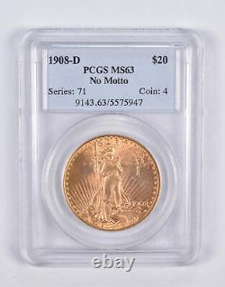 MS63 1908-D $20 Saint-Gaudens Gold Double Eagle No Motto PCGS 2302
