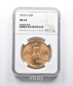MS64 1910-D $20 Saint-Gaudens Gold Double Eagle NGC 0481