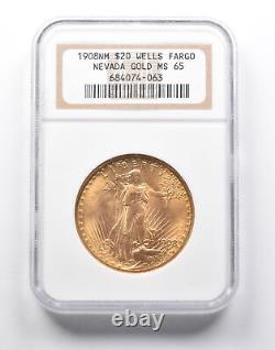 MS65 1908-NM $20 Saint-Gaudens Gold Double Eagle Wells Fargo NV Gold NGC 0218