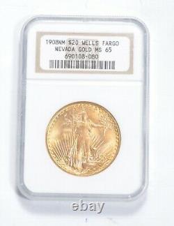 MS65 1908-NM $20 St Gaudens Gold Double Eagle Wells Fargo Nevada Gold NGC 0861