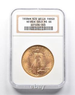 MS66 1908-NM $20 Saint-Gaudens Gold Double Eagle Wells Fargo NV Gold NGC 0243