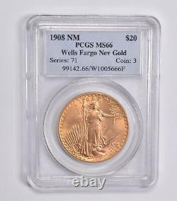 MS66 1908 NM $20 Saint-Gaudens Gold Double Eagle Wells Fargo Nev Gold PCGS 3851