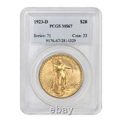 RARE 1923-D $20 Saint Gaudens PCGS MS67 gem graded Gold Double Eagle coin