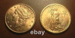 Twins, Superb Couple $20 Gold Coins 1907 Saint Gaudens & Liberty Double Eagle BU