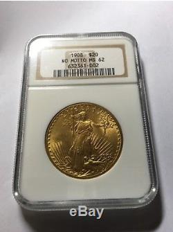 U. S. GOLD COIN $20 Saint-Gaudens 1908 No Motto Double Eagle NGC graded MS 62