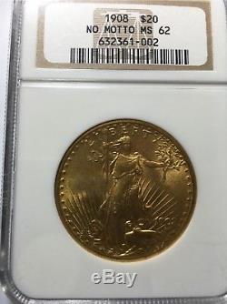 U. S. GOLD COIN $20 Saint-Gaudens 1908 No Motto Double Eagle NGC graded MS 62