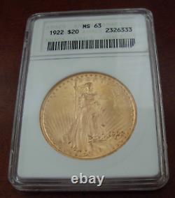 US 1922 Gold $20 Double Eagle ANACS MS63 Saint Gaudens