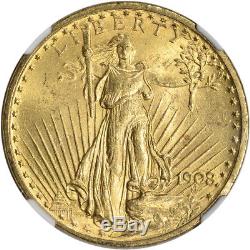US Gold $20 Saint-Gaudens Double Eagle NGC MS62 1908 No Motto