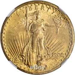 US Gold $20 Saint-Gaudens Double Eagle NGC MS63 1908 No Motto
