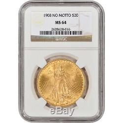 US Gold $20 Saint-Gaudens Double Eagle NGC MS64 1908 No Motto