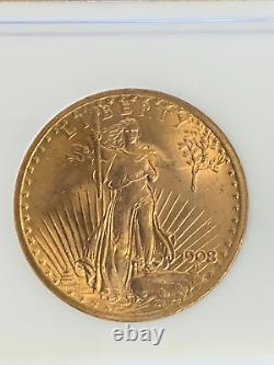 US Gold $20 Saint-Gaudens Double Eagle NGC MS66 1908 No Motto Lustrous