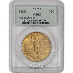 US Gold $20 Saint-Gaudens Double Eagle PCGS MS62 1908 No Motto