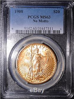 US Gold $20 Saint-Gaudens Double Eagle PCGS MS63 1908 No Motto