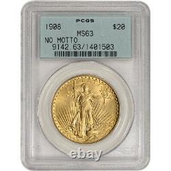 US Gold $20 Saint-Gaudens Double Eagle PCGS MS63 1908 No Motto