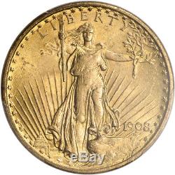 US Gold $20 Saint-Gaudens Double Eagle PCGS MS64 Teddy Roosevelt 1908 No Motto