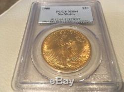 US Gold $20 St-Gaudens Double Eagle PCGS MS64 1908 NO MOTTO