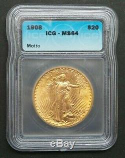 US Gold Coin $20 Saint-Gaudens Double Eagle ICG MS64 1908 With Motto A82