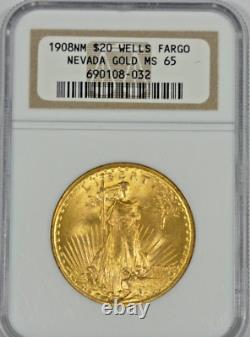 Wells Fargo 1908 No Motto $20 St Gaudens Double Eagle NGC Certified MS 65